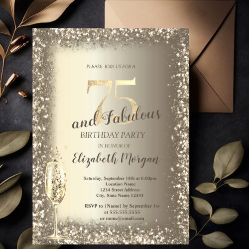 Luxury Champagne Glass Gold Confetti Frame 75th  Invitation