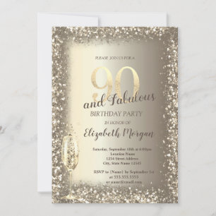 Luxury Champagne Glass Gold Confetti Frame 90th Invitation