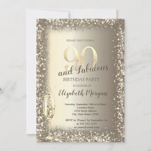 Luxury Champagne Glass Gold Confetti Frame 90th  Invitation