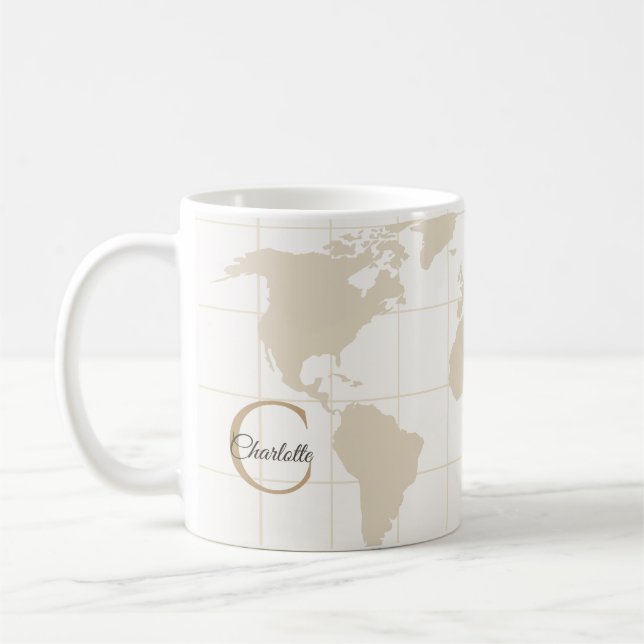 Luxury Champagne Gold Map Monogram Initial Coffee Mug (Left)
