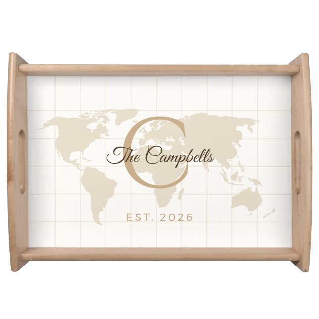 Luxury Champagne Gold Map Monogram Initial Serving Tray (Front)