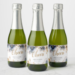Luxury Cheers Floral Navy Blue Sparkling Wine Label