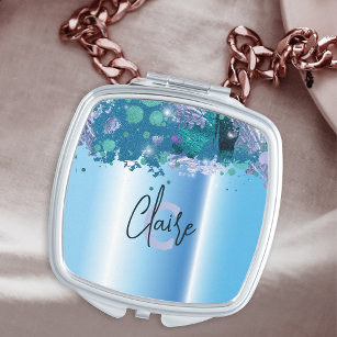 Luxury Chic Artistic Modern Glam Blue Metallic Compact Mirror