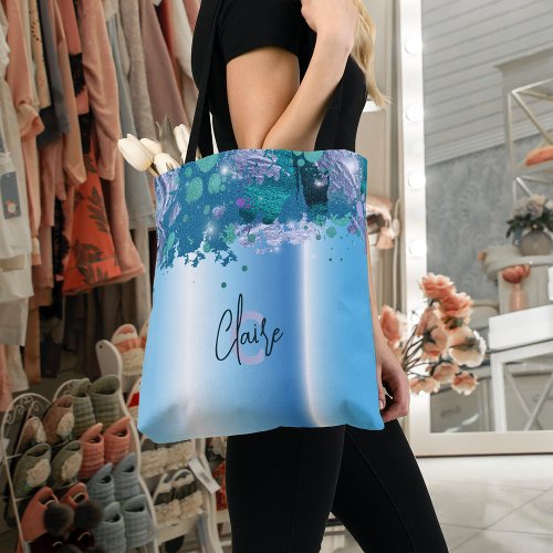 Luxury Chic Artistic Modern Glam Blue Metallic Tote Bag