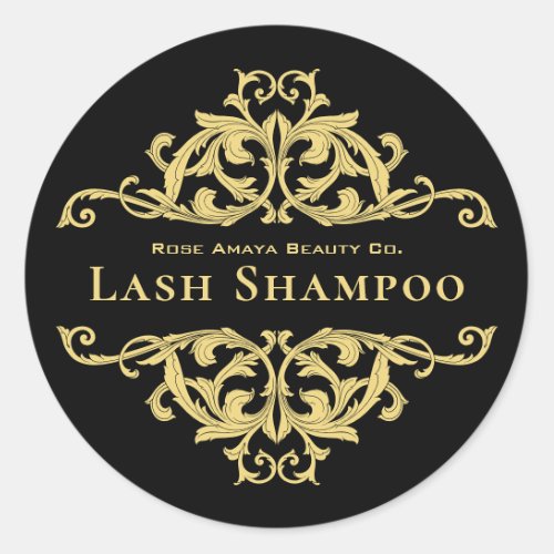 Luxury Chic Black Gold Damask Lash Cleanser Classic Round Sticker