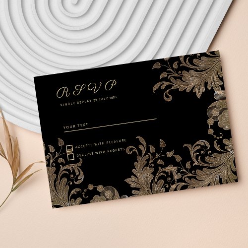 Luxury chic black gold floral lace RSVP Invitation