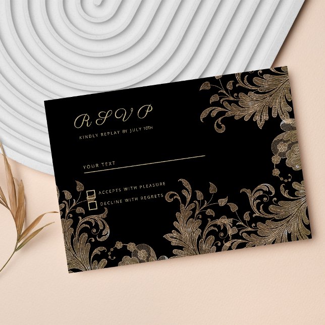 Luxury chic black gold floral lace RSVP Invitation (Luxury chic black gold floral lace RSVP )