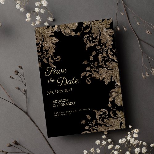 Luxury chic black gold floral lace Save the Date  Invitation