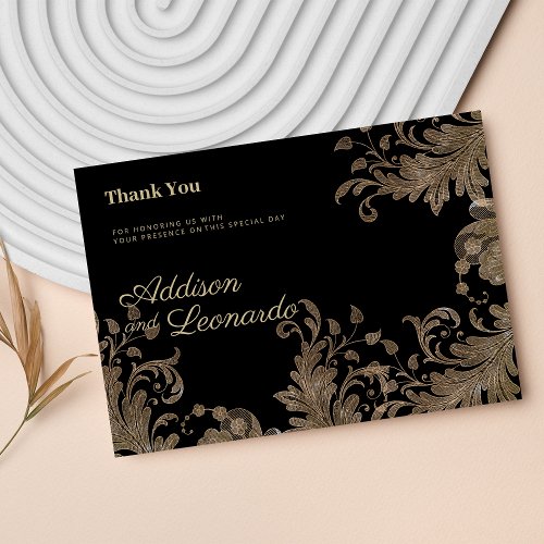 Luxury chic black gold floral lace Thank You  Invitation