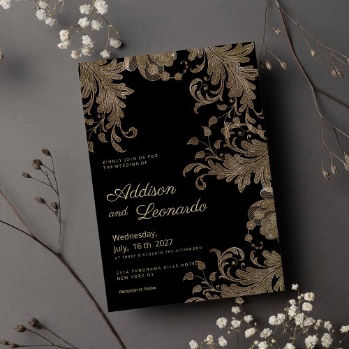 Luxury chic black gold floral lace Wedding Invitation
