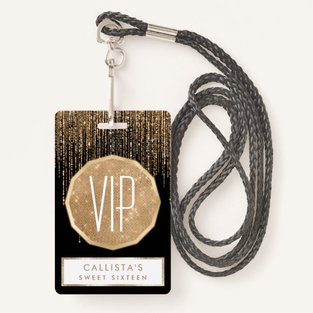 Luxury Chic Black Gold Sparkly Glitter Fringe Badge (Front with Lanyard)