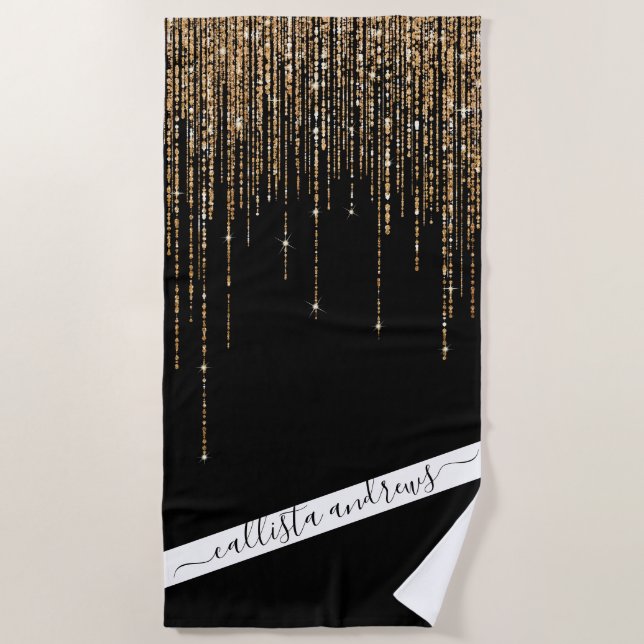 Luxury Chic Black Gold Sparkly Glitter Fringe Beach Towel (Front)