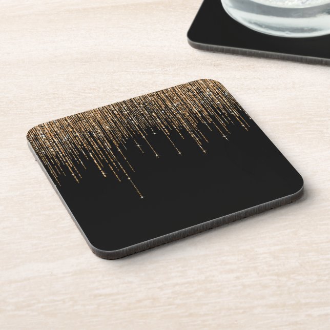 Luxury Chic Black Gold Sparkly Glitter Fringe Beverage Coaster (Left Side)
