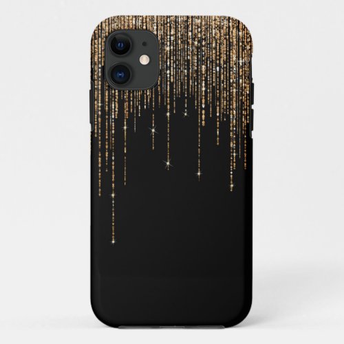 Luxury Chic Black Gold Sparkly Glitter Fringe iPhone 11 Case