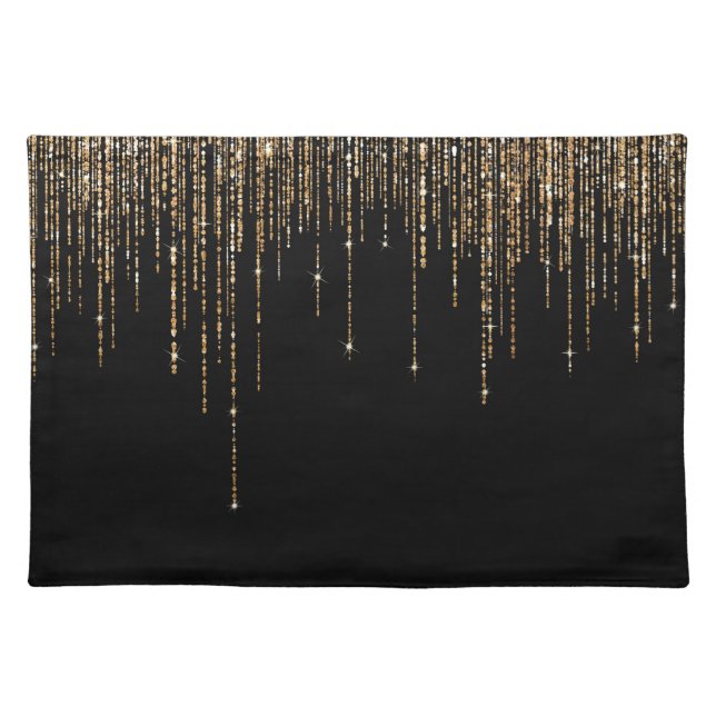 Luxury Chic Black Gold Sparkly Glitter Fringe Cloth Placemat (Front)