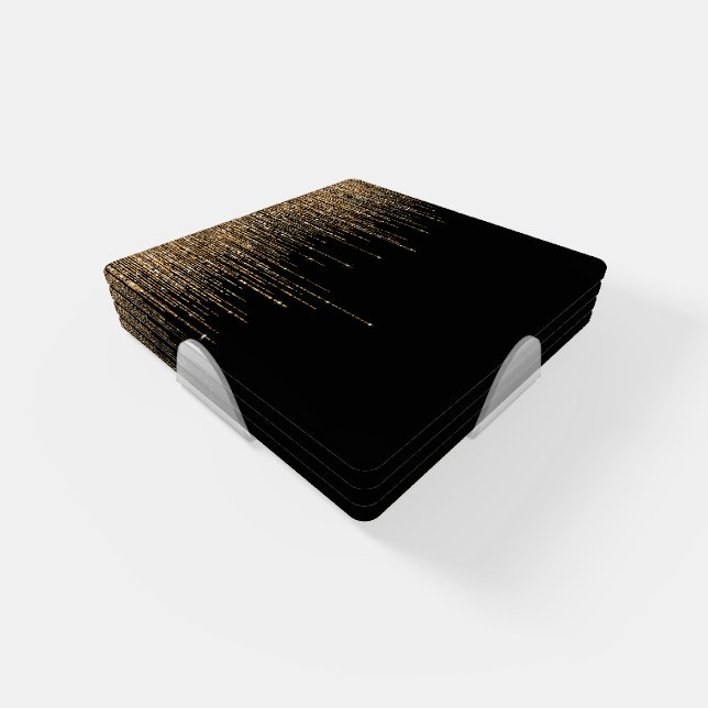 Luxury Chic Black Gold Sparkly Glitter Fringe Coaster Set (Set)