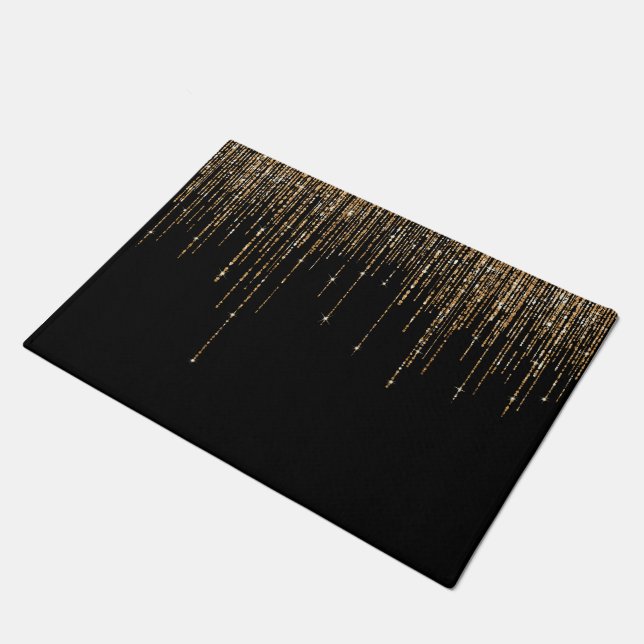 Luxury Chic Black Gold Sparkly Glitter Fringe Doormat (Angled)