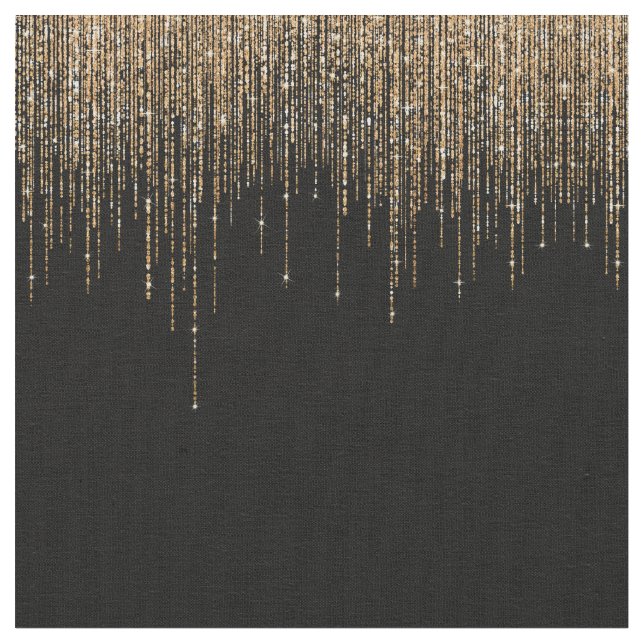 Luxury Chic Black Gold Sparkly Glitter Fringe Fabric (Close Up)