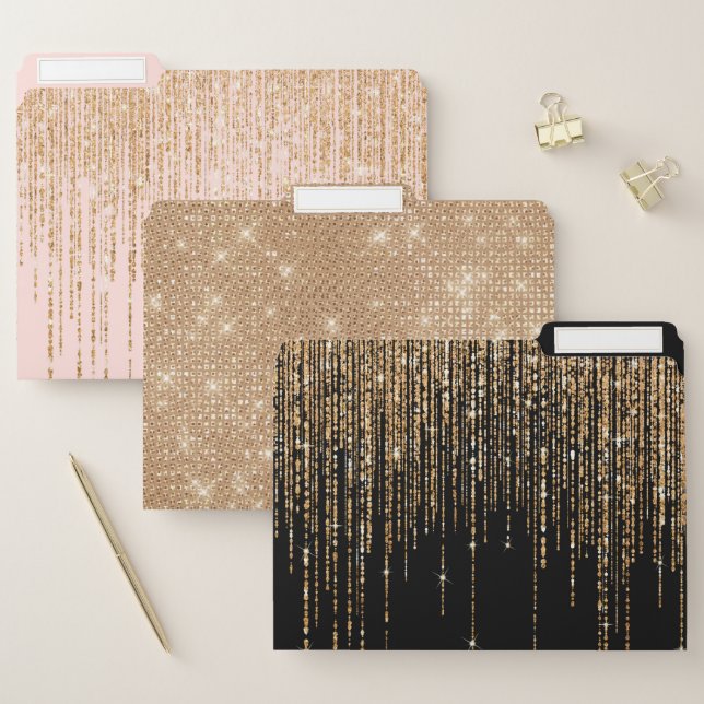 Luxury Chic Black Gold Sparkly Glitter Fringe File Folder (Set)