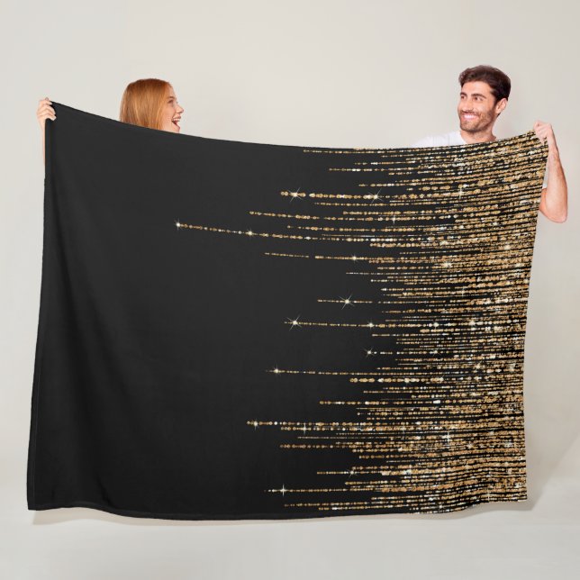 Luxury Chic Black Gold Sparkly Glitter Fringe Fleece Blanket (In Situ)