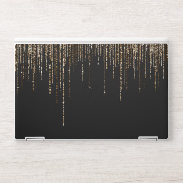 Luxury Chic Black Gold Sparkly Glitter Fringe HP Laptop Skin (Front)