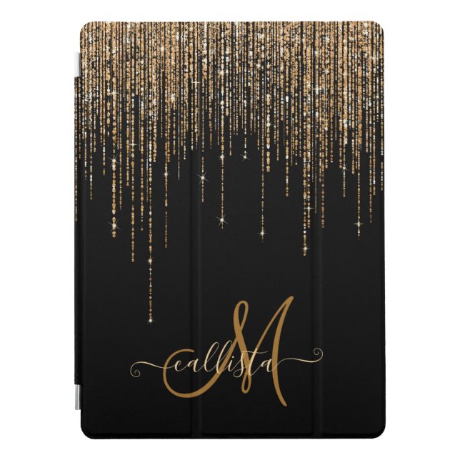 Luxury Chic Black Gold Sparkly Glitter Fringe iPad Pro Cover (Front)