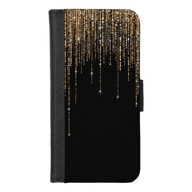 Luxury Chic Black Gold Sparkly Glitter Fringe iPhone Wallet Case (Front)