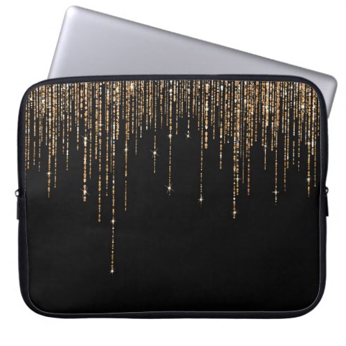 Luxury Chic Black Gold Sparkly Glitter Fringe Laptop Sleeve