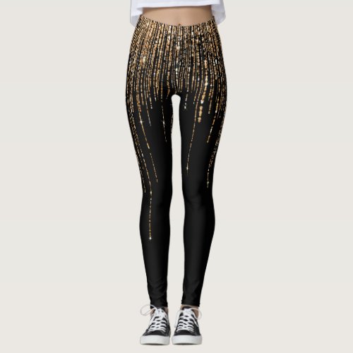 Luxury Chic Black Gold Sparkly Glitter Fringe Leggings