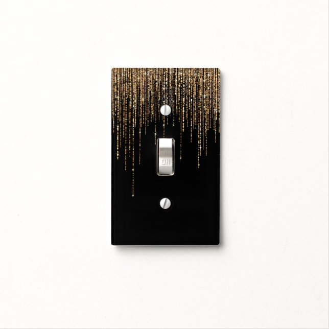 Luxury Chic Black Gold Sparkly Glitter Fringe Light Switch Cover (In Situ)