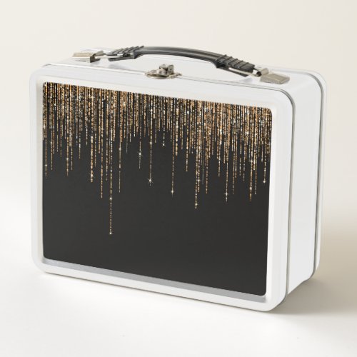 Luxury Chic Black Gold Sparkly Glitter Fringe Metal Lunch Box