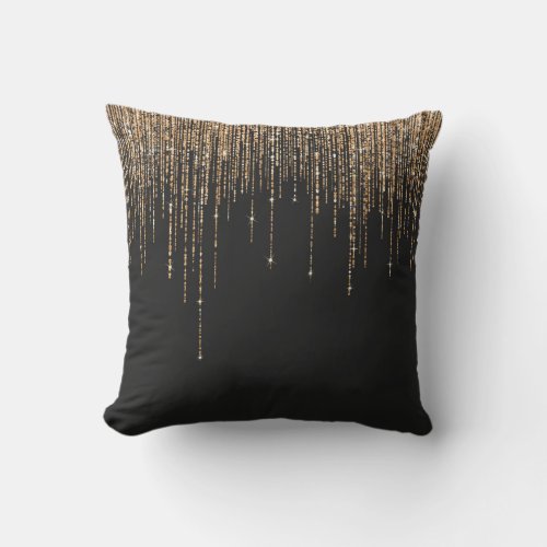 Luxury Chic Black Gold Sparkly Glitter Fringe Outdoor Pillow