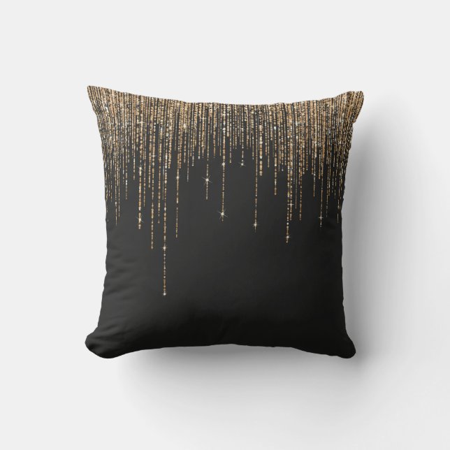 Luxury Chic Black Gold Sparkly Glitter Fringe Outdoor Pillow (Front)