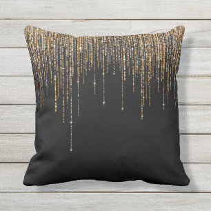 Luxury Chic Black Gold Sparkly Glitter Fringe Outdoor Pillow