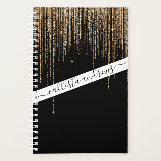 Luxury Chic Black Gold Sparkly Glitter Fringe Planner (Front)