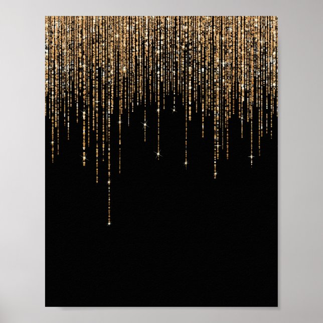 Luxury Chic Black Gold Sparkly Glitter Fringe Poster (Front)