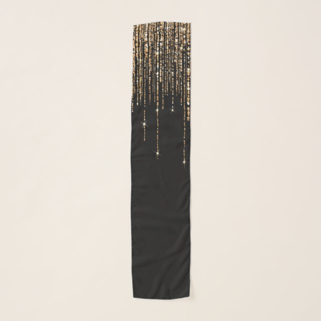 Luxury Chic Black Gold Sparkly Glitter Fringe Scarf (Front)