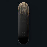 Luxury Chic Black Gold Sparkly Glitter Fringe Skateboard<br><div class="desc">This glamorous and luxury print is the perfect design for the stylish and trendy woman. It features a faux sparkly gold glitter fringe curtain with faux glitter typography on top of a simple black background. It's an elegant, chic, trendy, and modern bling design with a Hollywood vibe! ***IMPORTANT DESIGN NOTE:...</div>