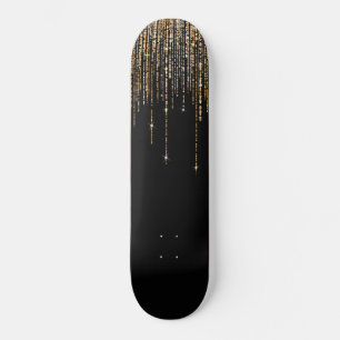 Luxury Chic Black Gold Sparkly Glitter Fringe Skateboard