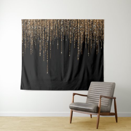 Luxury Chic Black Gold Sparkly Glitter Fringe Tapestry