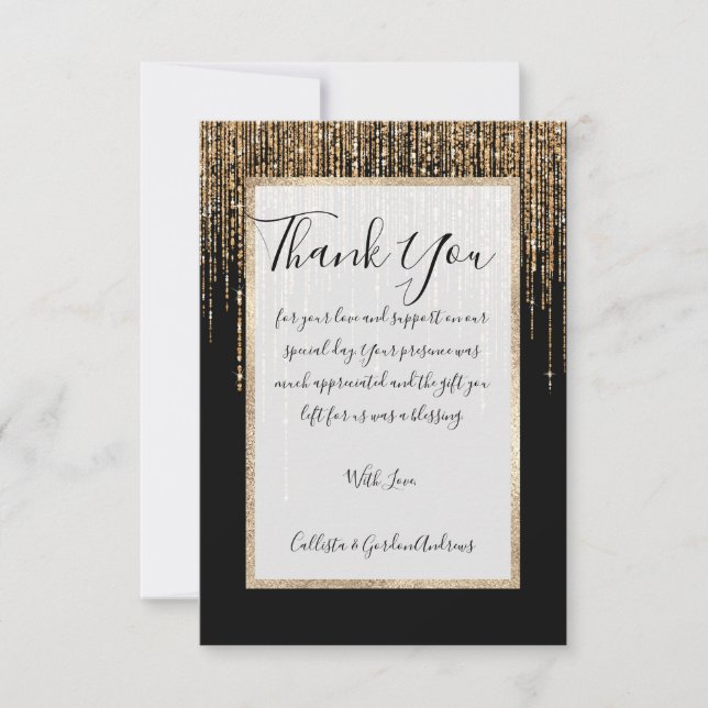 Luxury Chic Black Gold Sparkly Glitter Fringe Thank You Card (Front)