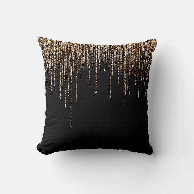 Luxury Chic Black Gold Sparkly Glitter Fringe Throw Pillow (Front)