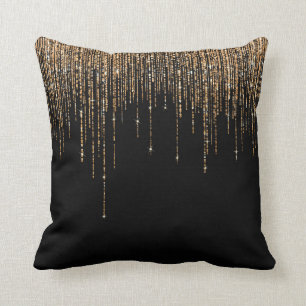 Luxury Chic Black Gold Sparkly Glitter Fringe Throw Pillow