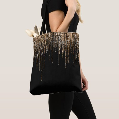 Luxury Chic Black Gold Sparkly Glitter Fringe Tote Bag