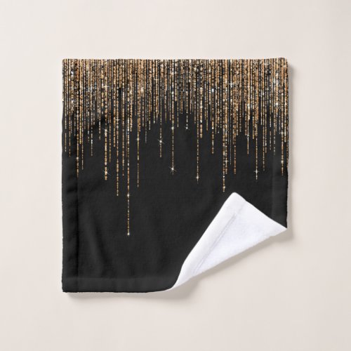 Luxury Chic Black Gold Sparkly Glitter Fringe Wash Cloth