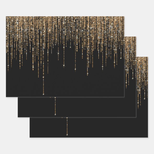 Luxury Chic Black Gold Sparkly Glitter Fringe Wrapping Paper Sheets (Set)
