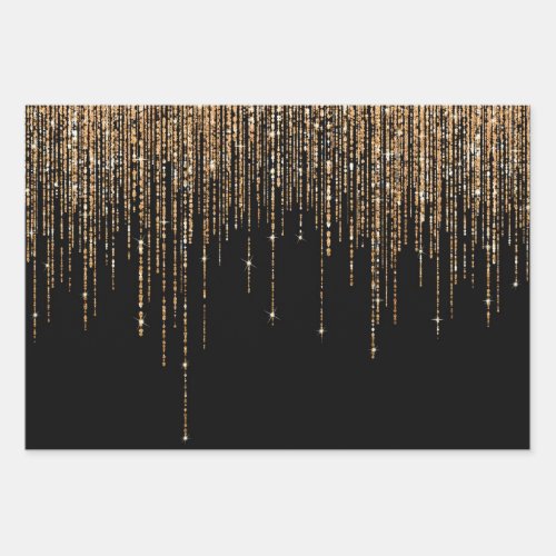 Luxury Chic Black Gold Sparkly Glitter Fringe Wrapping Paper Sheets