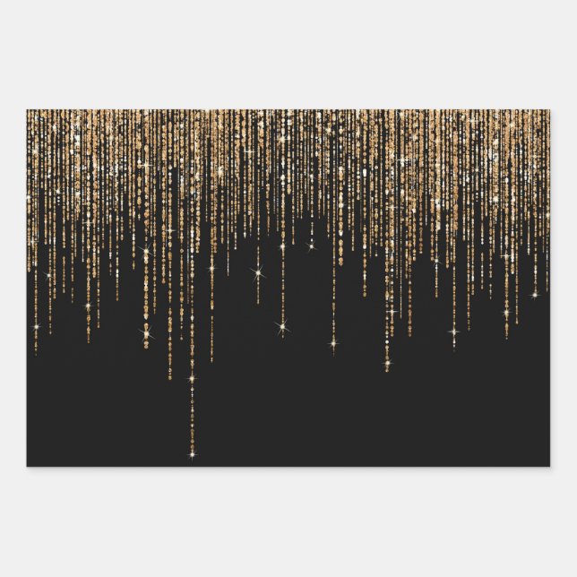 Luxury Chic Black Gold Sparkly Glitter Fringe Wrapping Paper Sheets (Front)