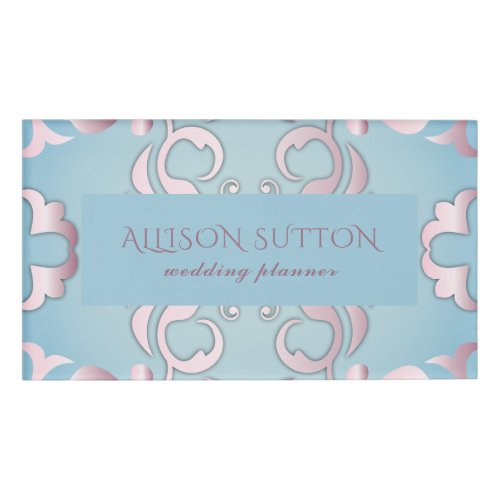 Luxury Chic Elegant Pink Border On Aquamarine Blue Name Tag