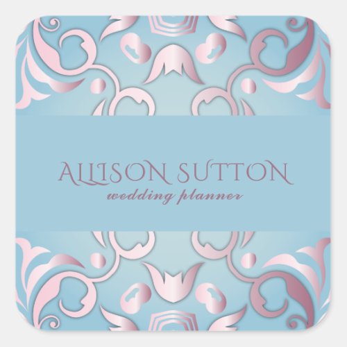 Luxury Chic Elegant Pink Border On Aquamarine Blue Square Sticker